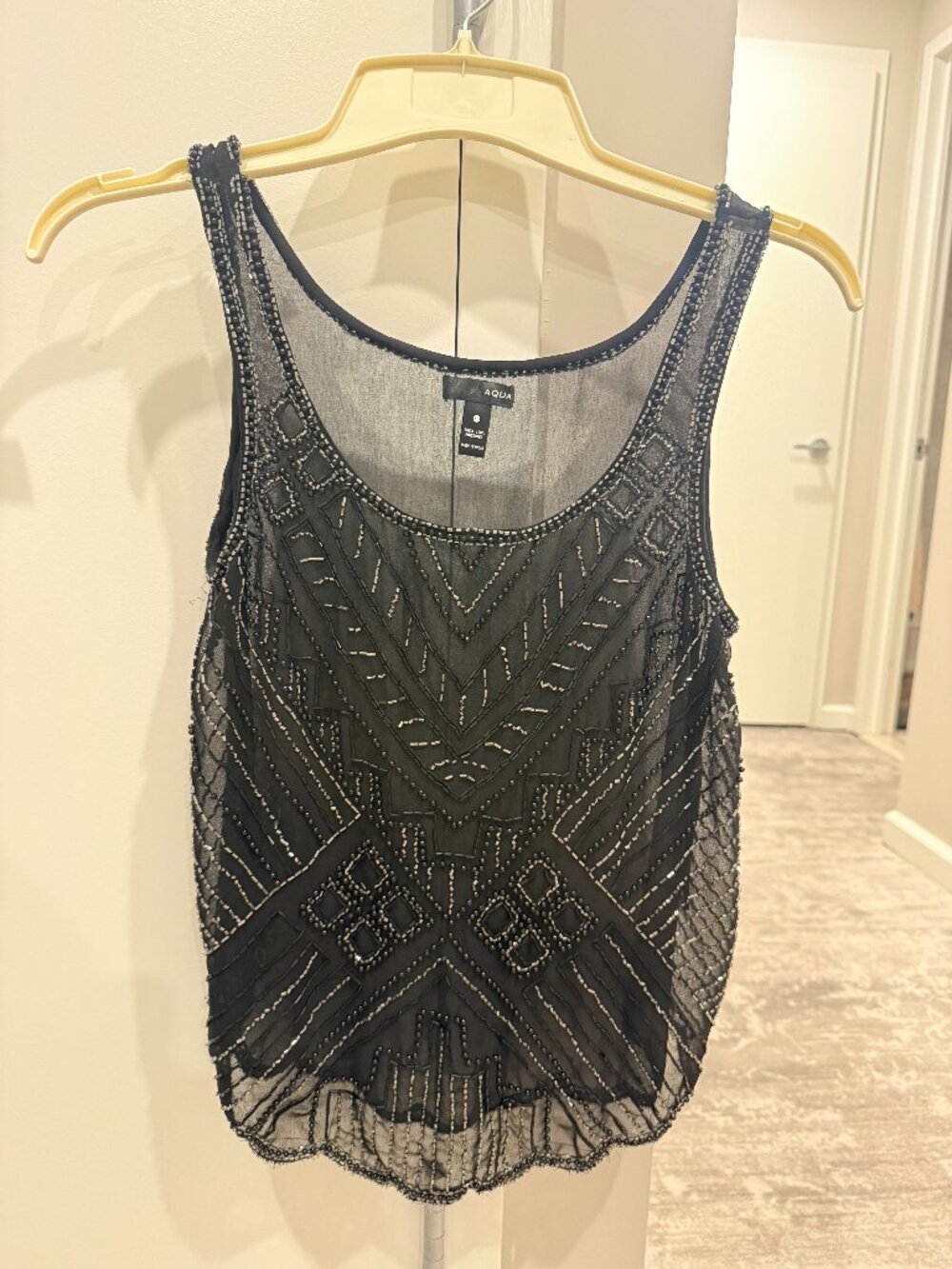 AQUA Beaded Sheer Tank Top | Size XS | Black